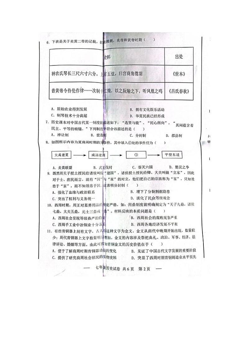 新疆维吾尔自治区乌鲁木齐市新市区2023-2024学年七年级上学期11月期中历史试题(无答案)第2页