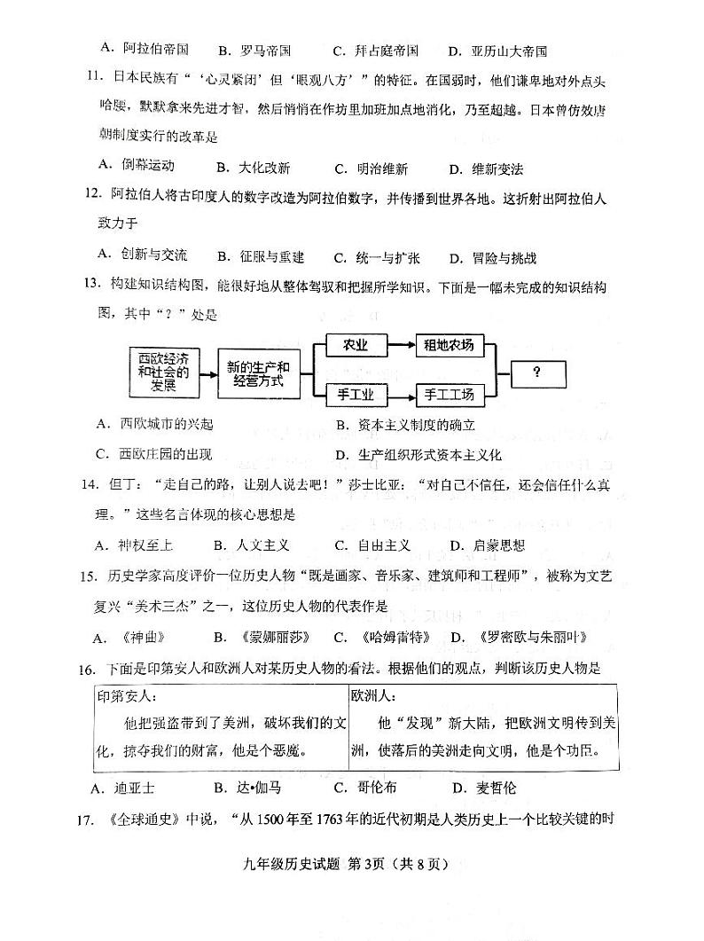 山东省济南市章丘区2023-2024学年九年级上学期期中考试历史试卷第3页