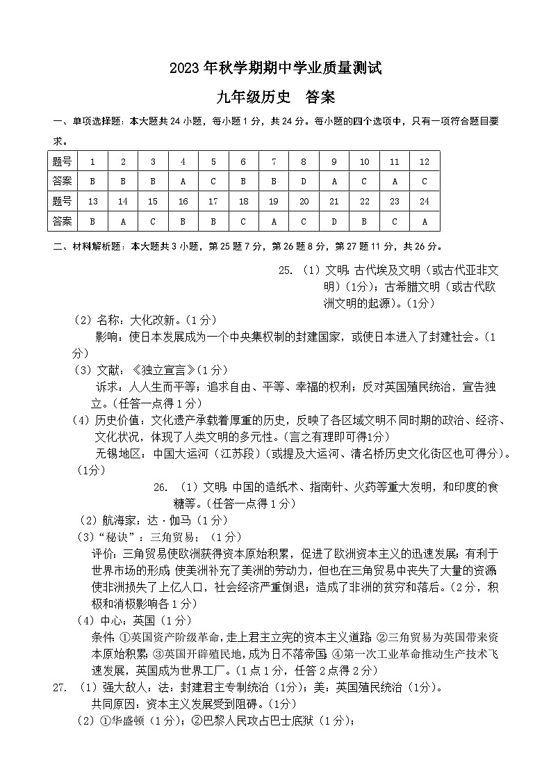 2023-2024学年江苏省无锡市积余教育集团九年级上学期期中历史试卷(含答案)01