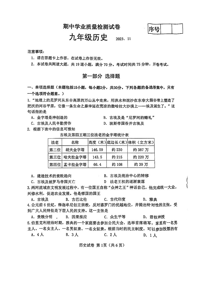 辽宁省大连市金州区2023-2024学年九年级上学期期中历史试题第1页