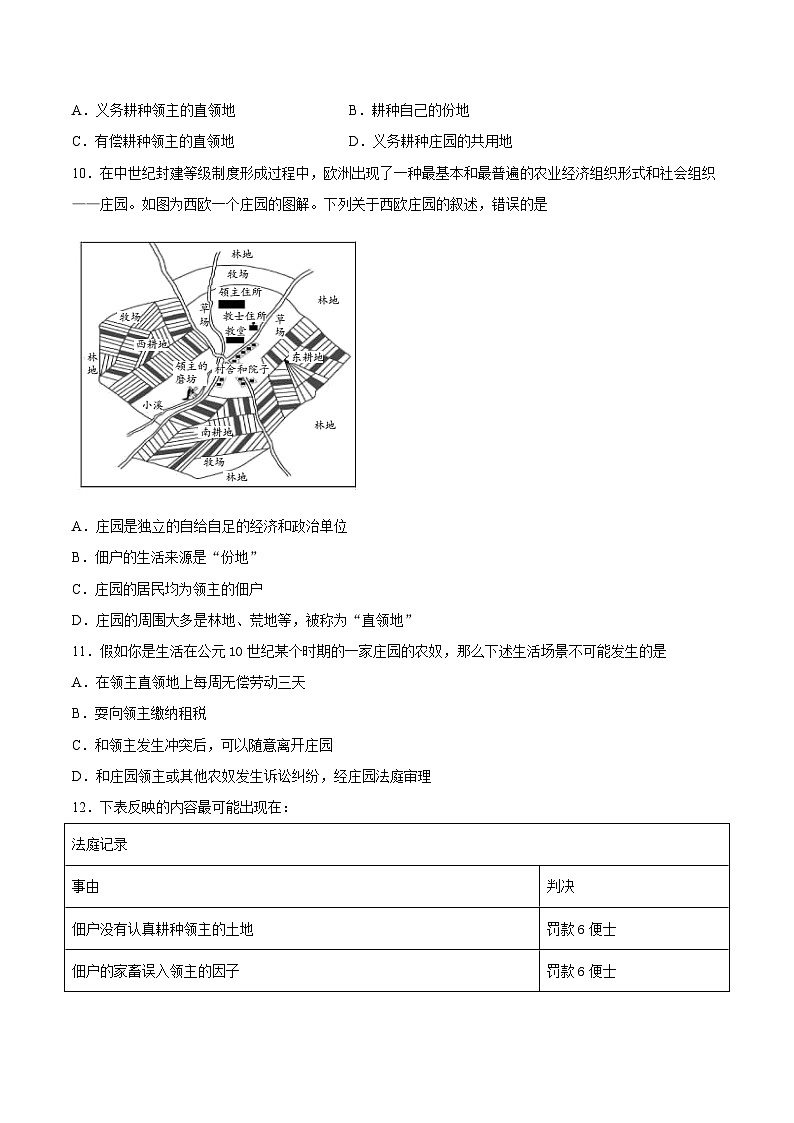 第8课 西欧庄园(含答案解析)-【必刷题】2021-2022学年九年级历史上册同步练习(部编版)02