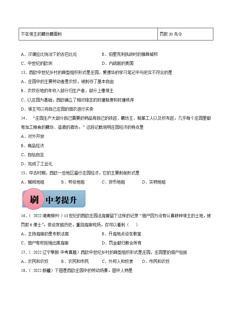 第8课 西欧庄园(含答案解析)-【必刷题】2021-2022学年九年级历史上册同步练习(部编版)03