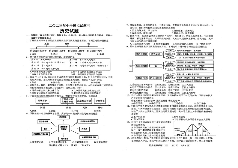 山东省菏泽市鄄城县2023年下学期三模九年级历史考试试题第1页