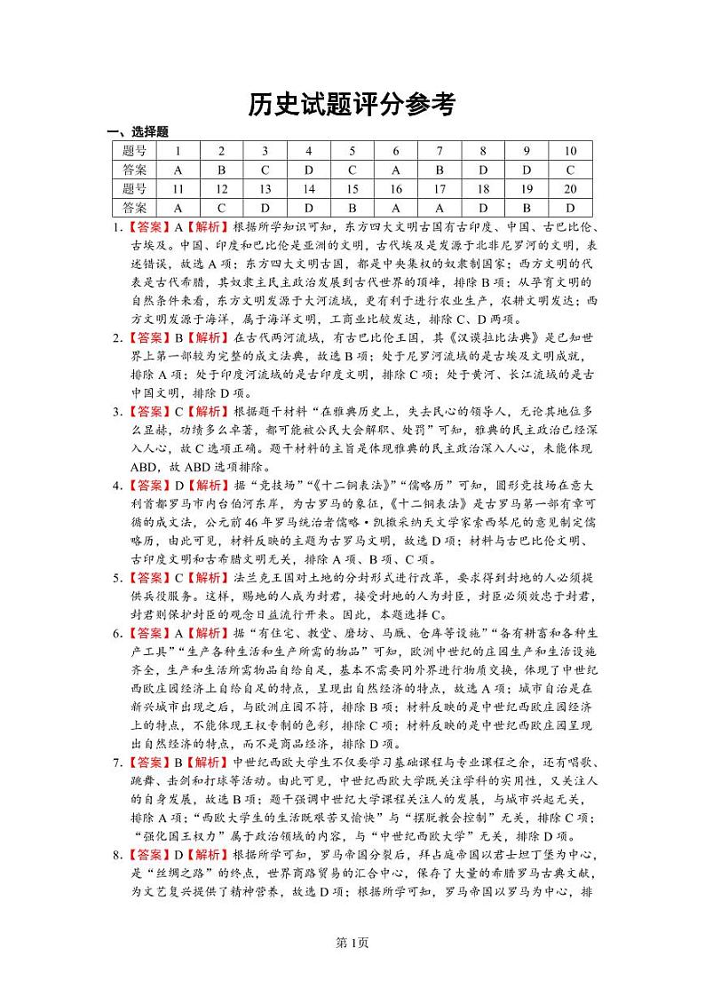 南昌市红谷滩区九龙湖初级中学2023期中九年级上历史参考答案及评分标准第1页
