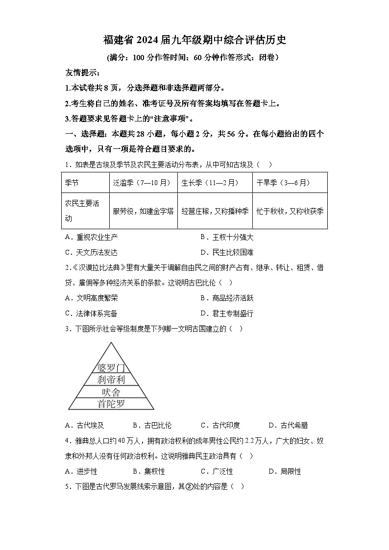 福建省南平市建阳区2023-2024学年九年级上学期期中综合评估历史试题(含解析)第1页