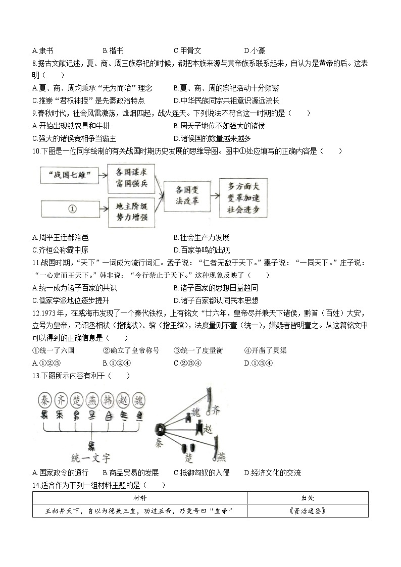 安徽省淮北市第二中学2023-2024学年七年级上学期期中历史试题02