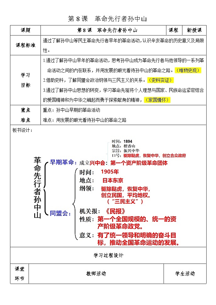 第8课革命先行者孙中山 教案 2023-2024学年部编版八年级历史上册01