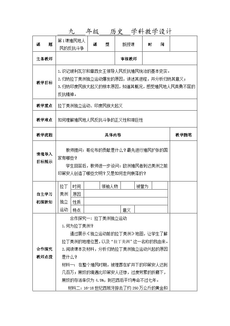 第一單元第一課殖民地人民的反抗斗爭(zhēng)教學(xué)設(shè)計(jì)（表格式）2023_2024學(xué)年部編版九年級(jí)歷史下冊(cè)第1頁(yè)