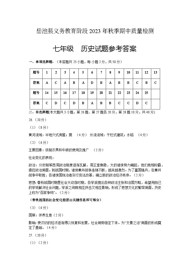 2023年期中七年级历史期中考试题答案(改)第1页
