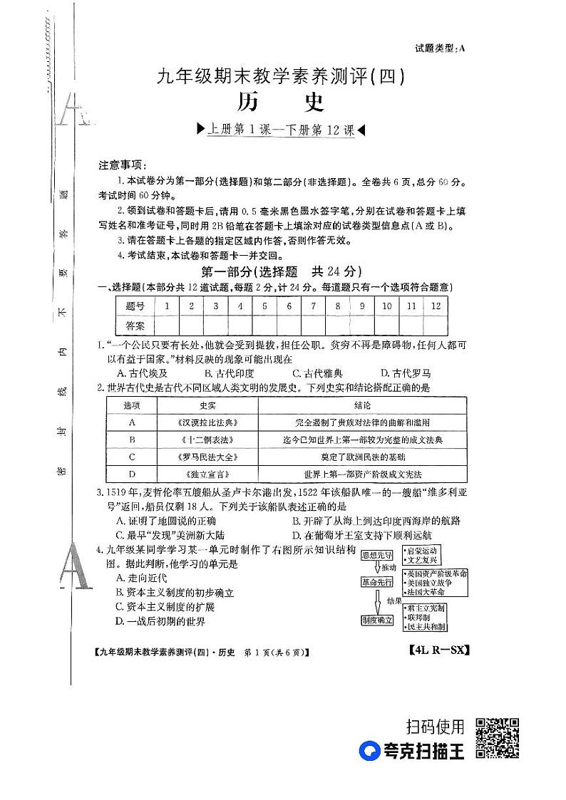 陕西省榆林市子洲县周家硷中学2023-2024学年九年级上学期期末历史试题第1页