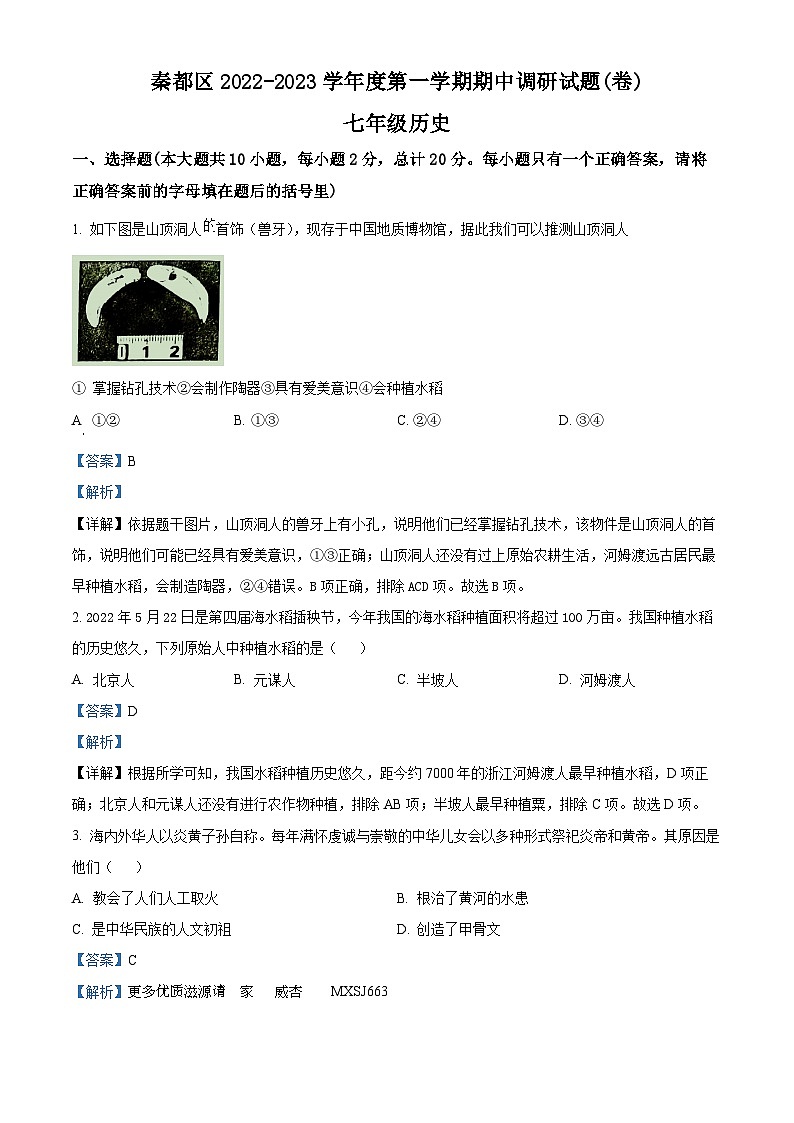 陕西省咸阳市秦都区2022-2023学年七年级上学期期中历史试题(解析版)01