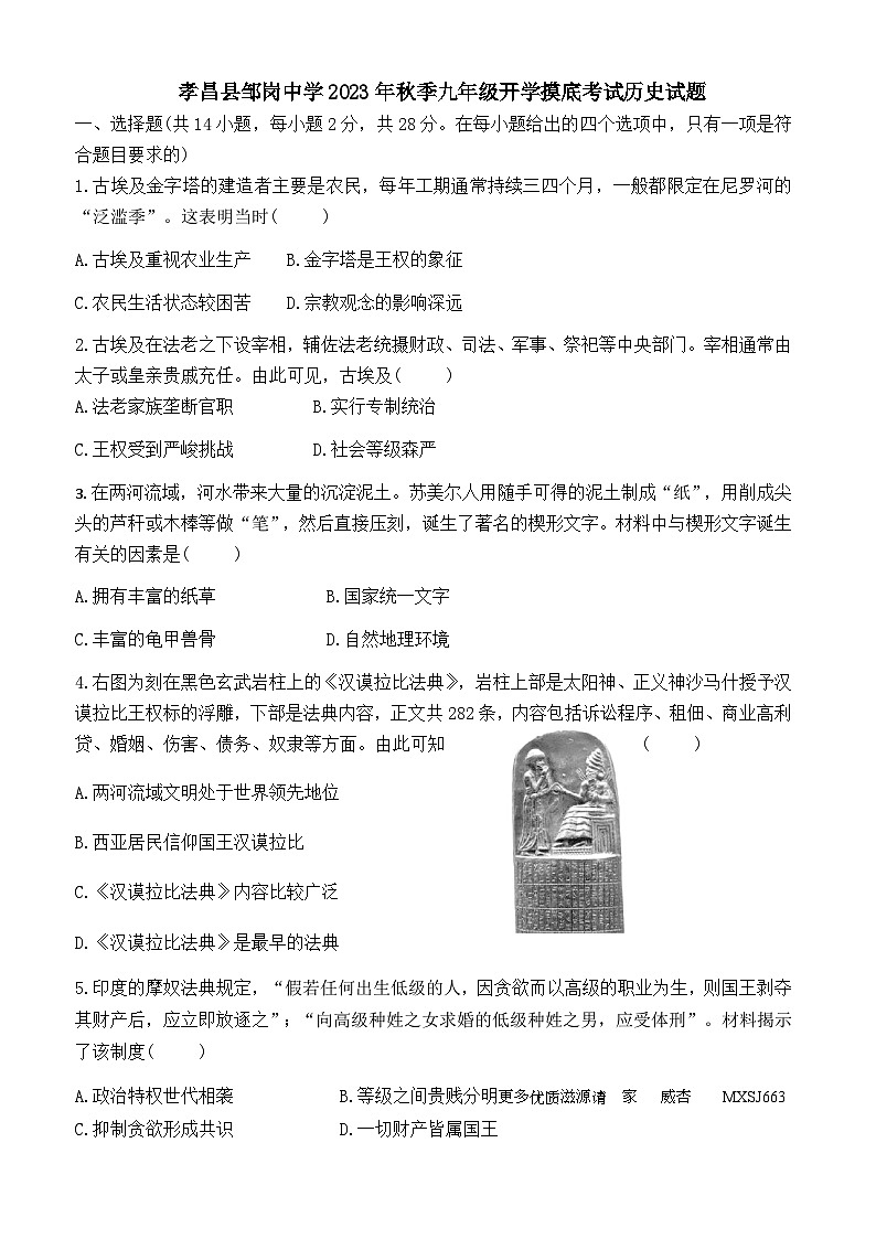 湖北省孝感市孝昌县邹岗镇初级中学2023-2024学年上学期九年级开学摸底考试历史试题01