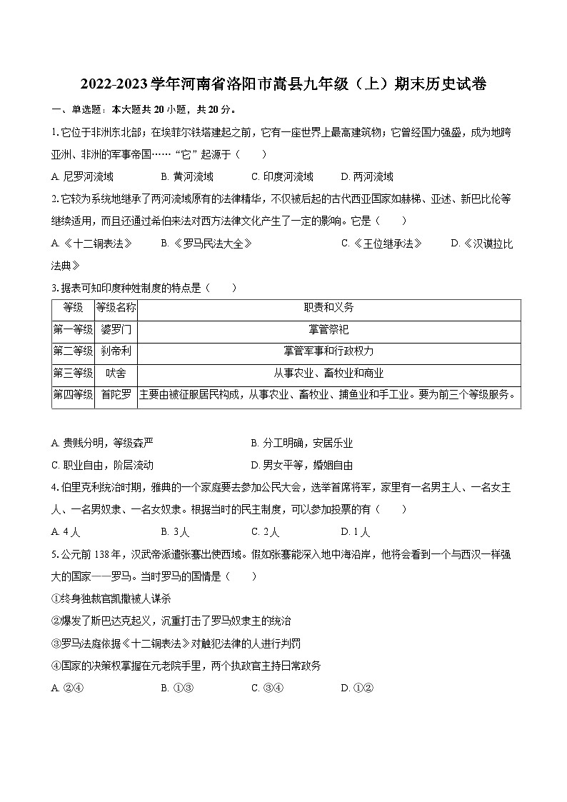 2022-2023学年河南省洛阳市嵩县九年级(上)期末历史试卷(含详细答案解析)第1页