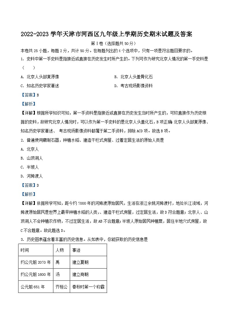 2022-2023学年天津市河西区九年级上学期历史期末试题及答案第1页