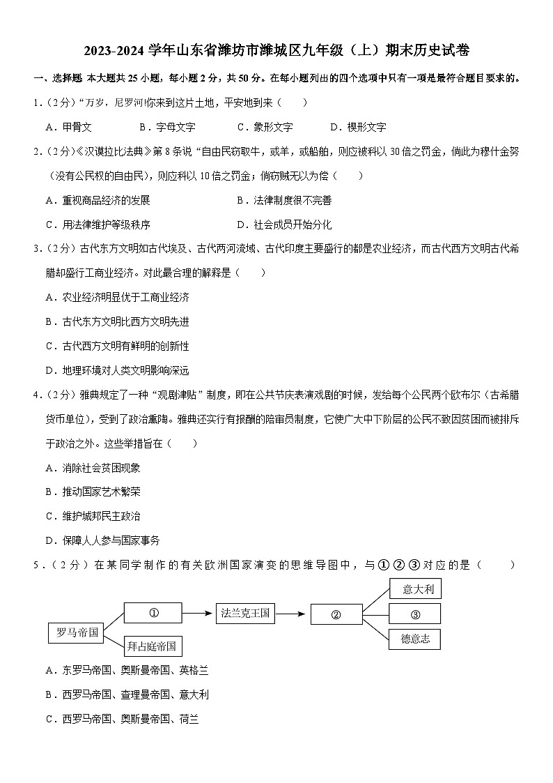 2023-2024学年山东省潍坊市潍城区九年级(上)期末历史试卷(含解析)第1页