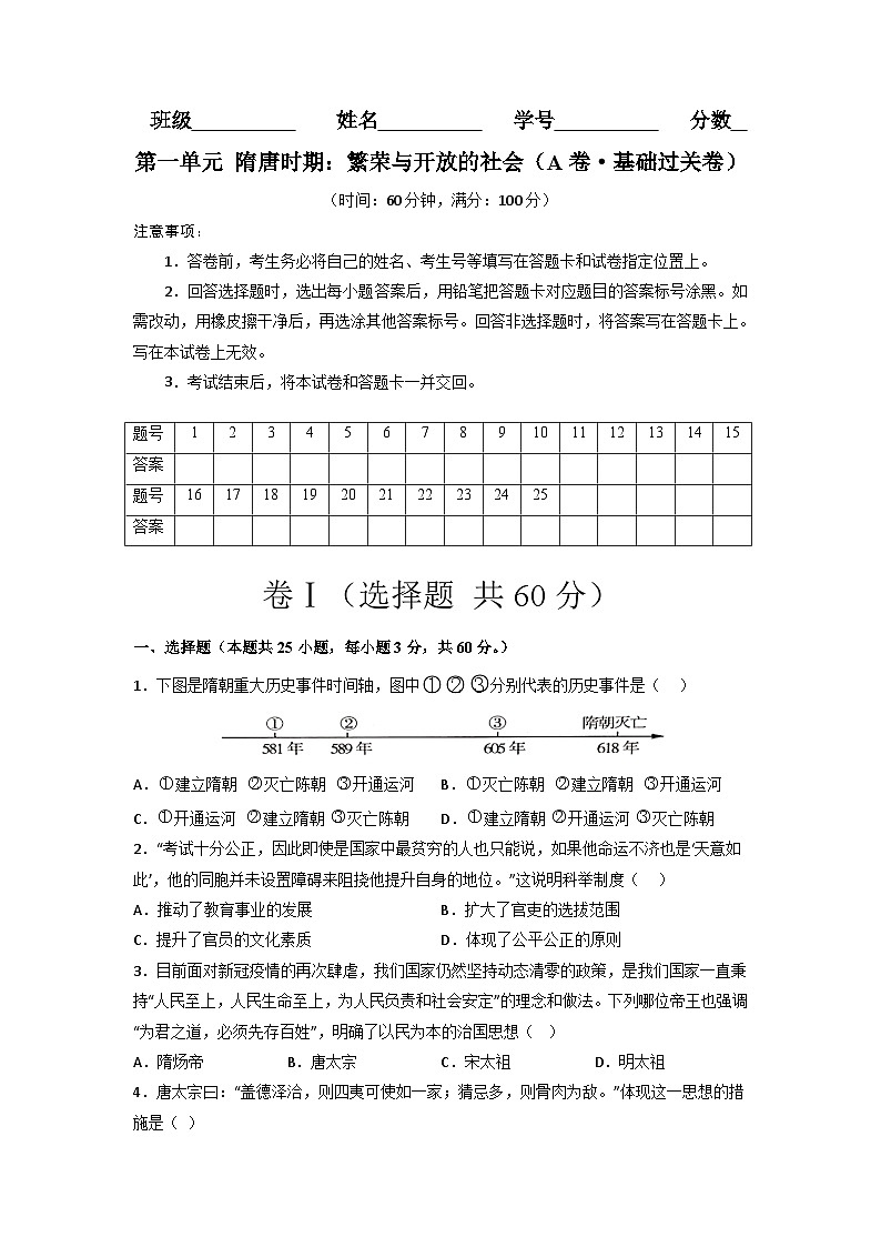 七年级历史下册分层训练AB卷 第一单元 隋唐时期:繁荣与开放的时代(A卷•基础过关卷)(原卷版+解析)第1页
