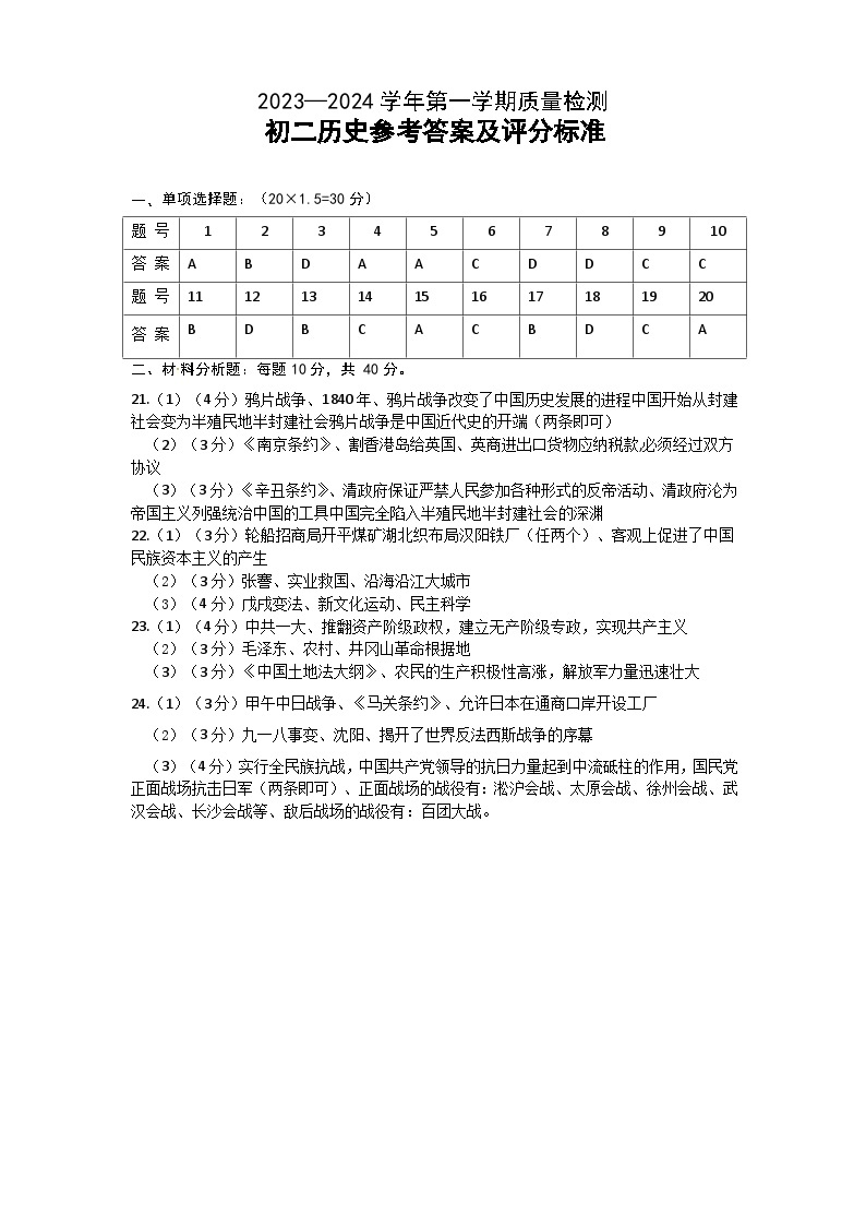 山东省威海市威海经济技术开发区（五四学制）2023-2024学年七年级上学期1月期末历史试题01