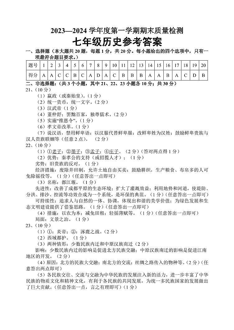 山东省菏泽市鄄城县2023-2024学年七年级上学期1月期末历史试题第1页