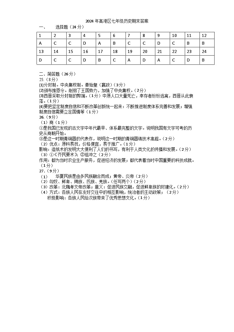 七历史期末考试 答案第1页