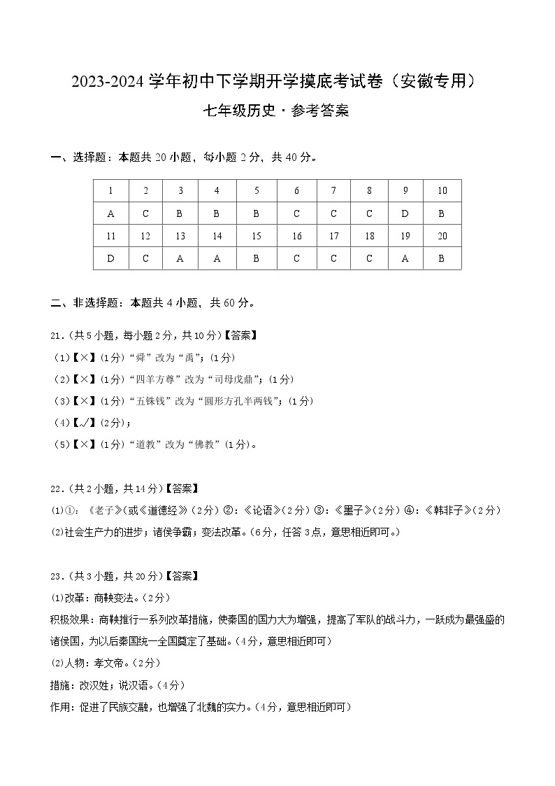 【开学摸底考】七年级历史（安徽专用）- 2023-2024学年初中下学期开学摸底考试卷.zip01