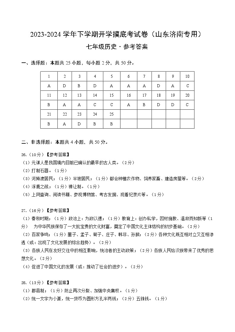 【开学摸底考】七年级历史(山东济南专用)- 2023-2024学年初中下学期开学摸底考试卷.zip01