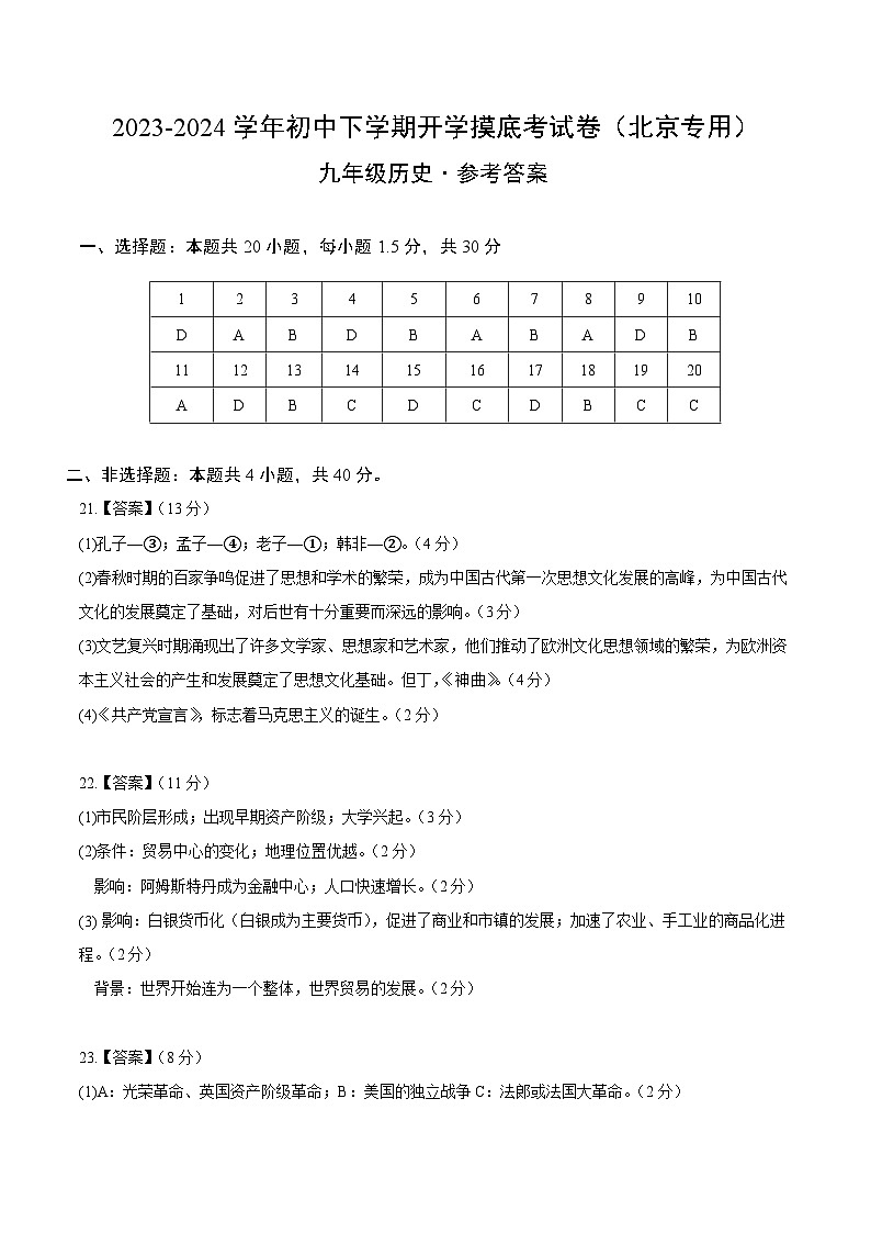 九年级历史开学摸底考(北京专用)(参考答案)第1页