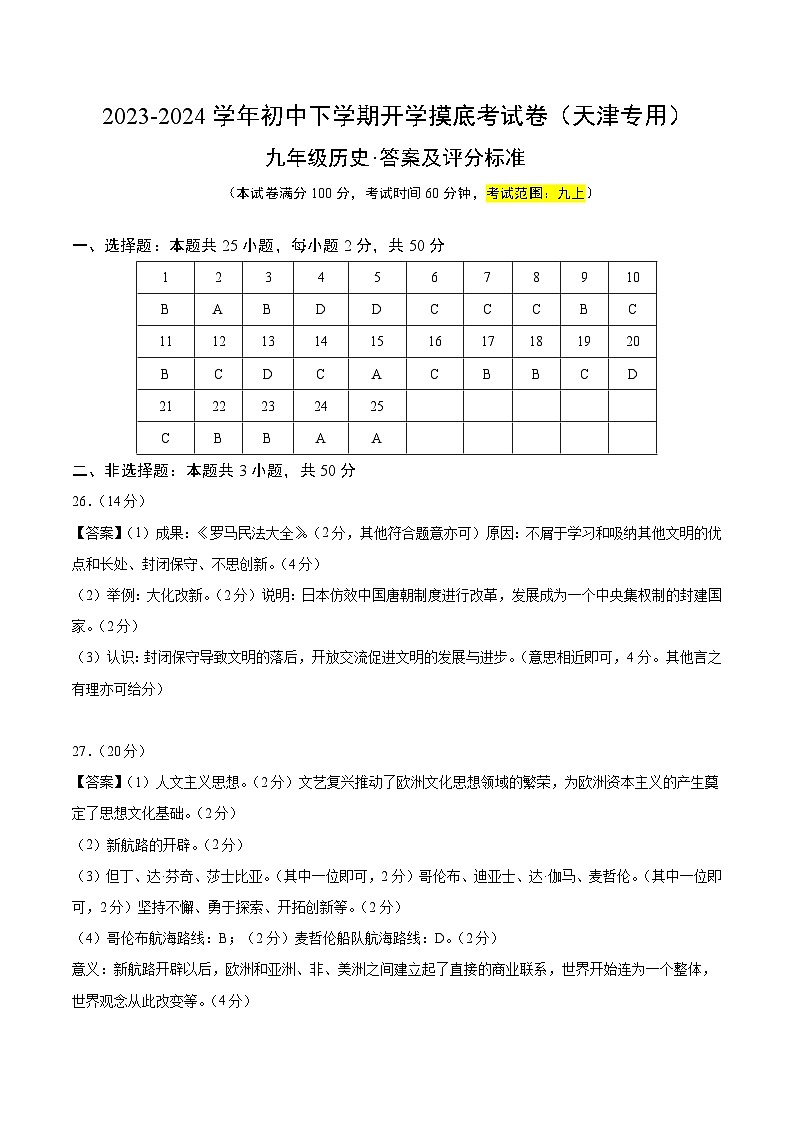 【开学摸底考试】九年级历史(天津专用)-2023-2024学年初中下学期开学摸底考试卷.zip01