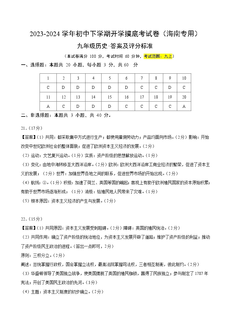 【开学摸底考试】九年级历史（海南专用）-2023-2024学年初中下学期开学摸底考试卷.zip01