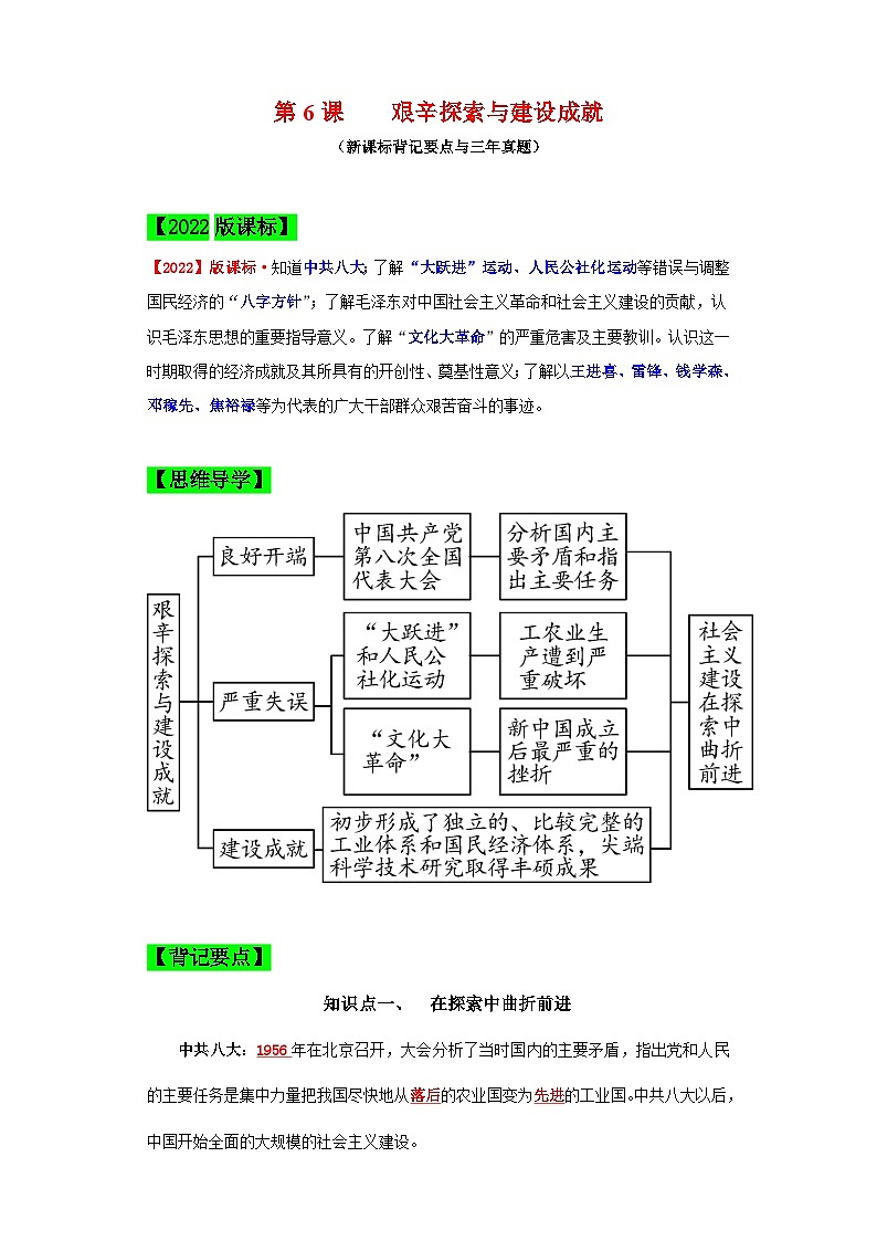 (新课标版)八年级历史下册期末复习背记要点 第6课 艰辛探索与建设成就(原卷版+解析)01
