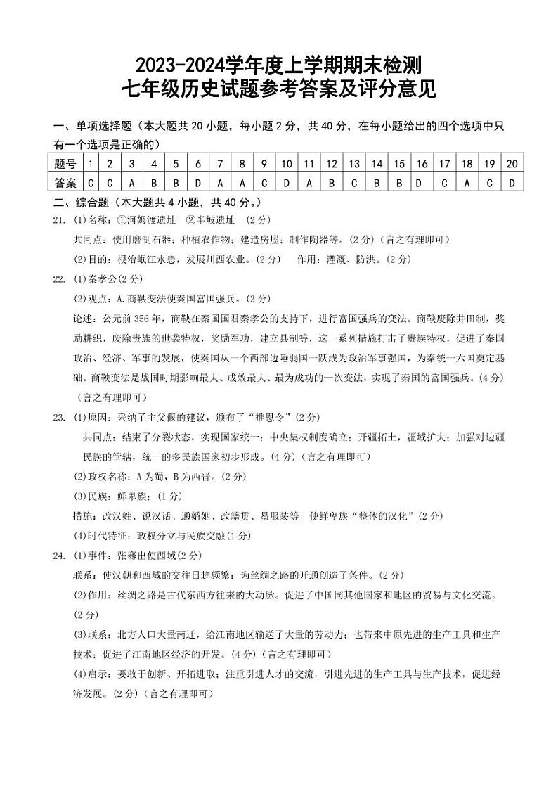 江西省赣州市大余县2023-2024学年七年级上学期期末检测历史试卷01