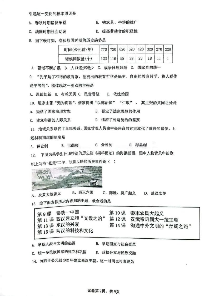 福建省漳州台商区第一中学2023--2024学年部编版七年级历史下学期开学检测试题02