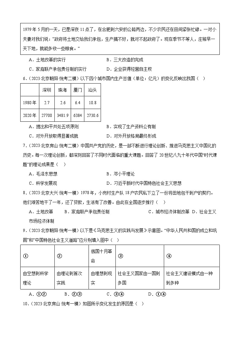 第三单元 中国特色社会主义道路 模拟练习 ( 含解析)2024年北京市中考历史一轮复习02