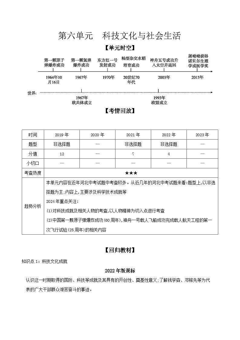 2024年河北省中考历史一轮复习中国现代史第六单元科技文化与社会生活导学案(含答案)01