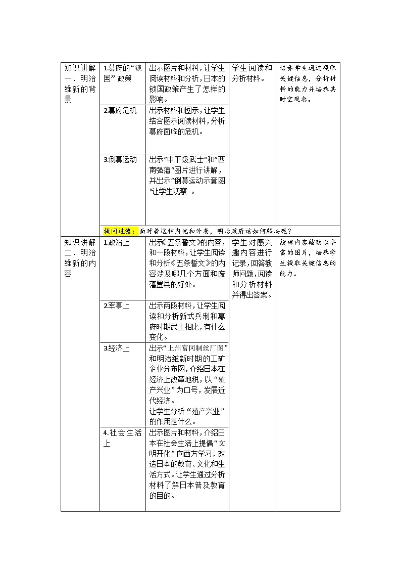 人教部编版九年级下册历史第4课 日本明治维新 教案(表格式)02