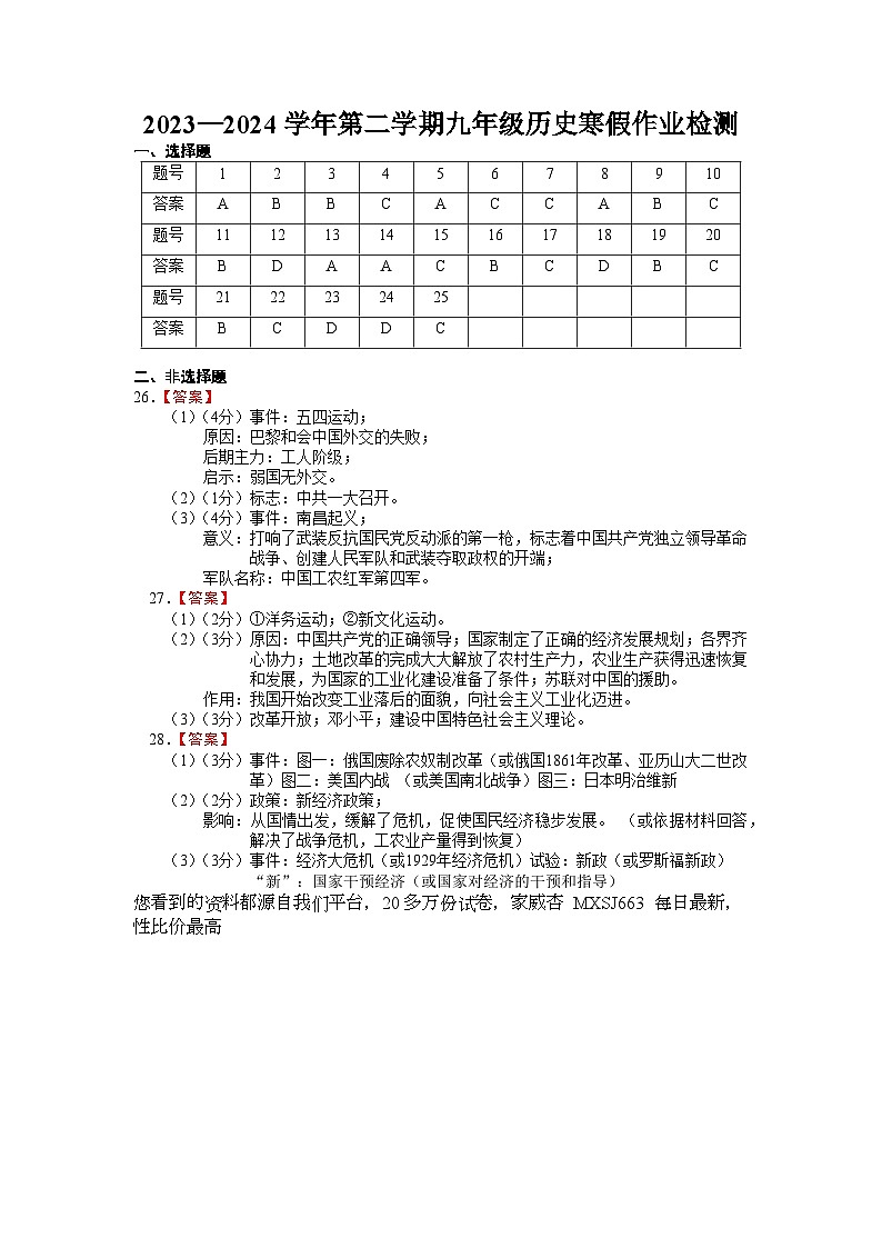 甘肃省兰州市第五十五中学2023-2024学年部编版九年级下学期开学测试历史试卷第1页