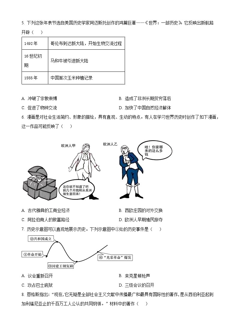 精品解析:山西省晋城市多校2023-2024学年九年级上学期期末考试历史试题(原卷版)第2页