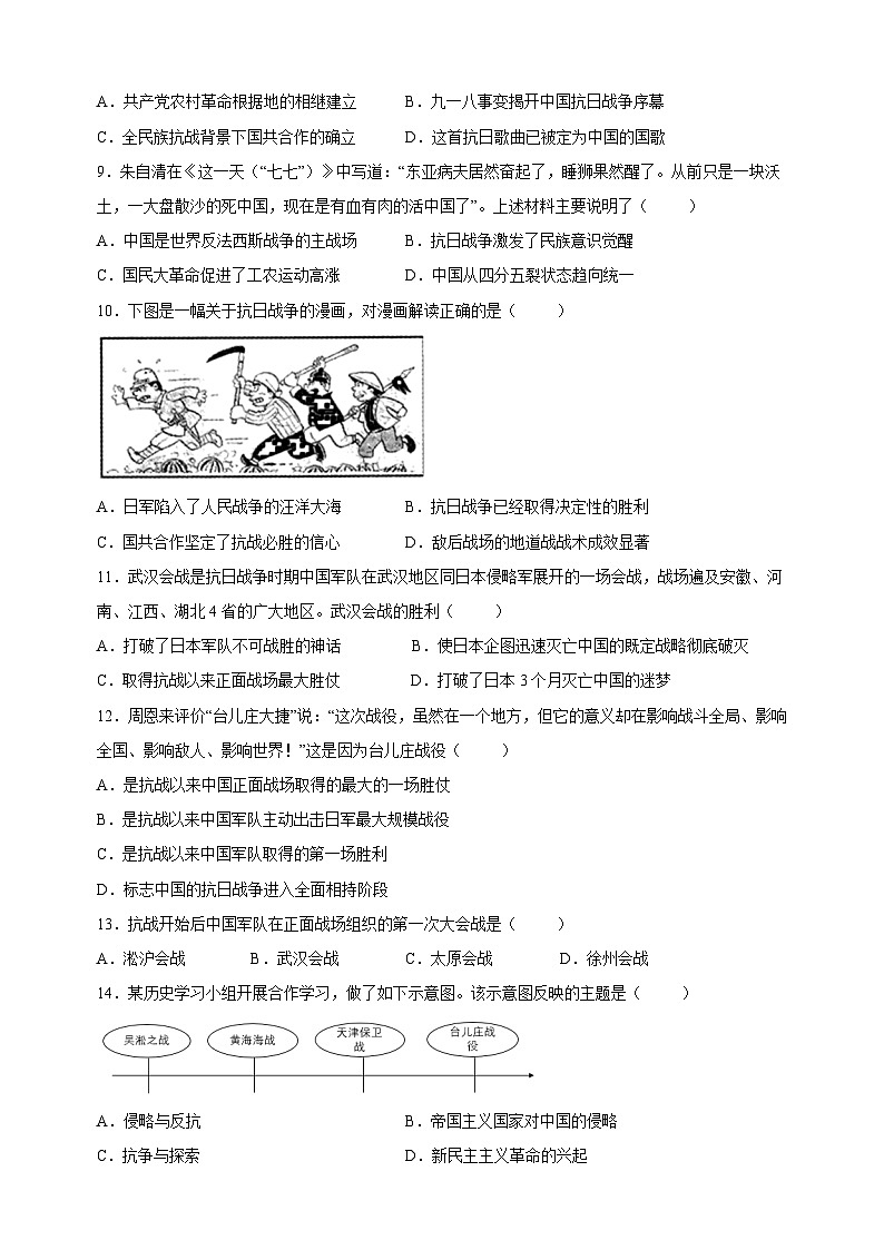 人教部编版八年级上册历史第六单元《中华民族的抗日战争》测试卷(含答案解析)02