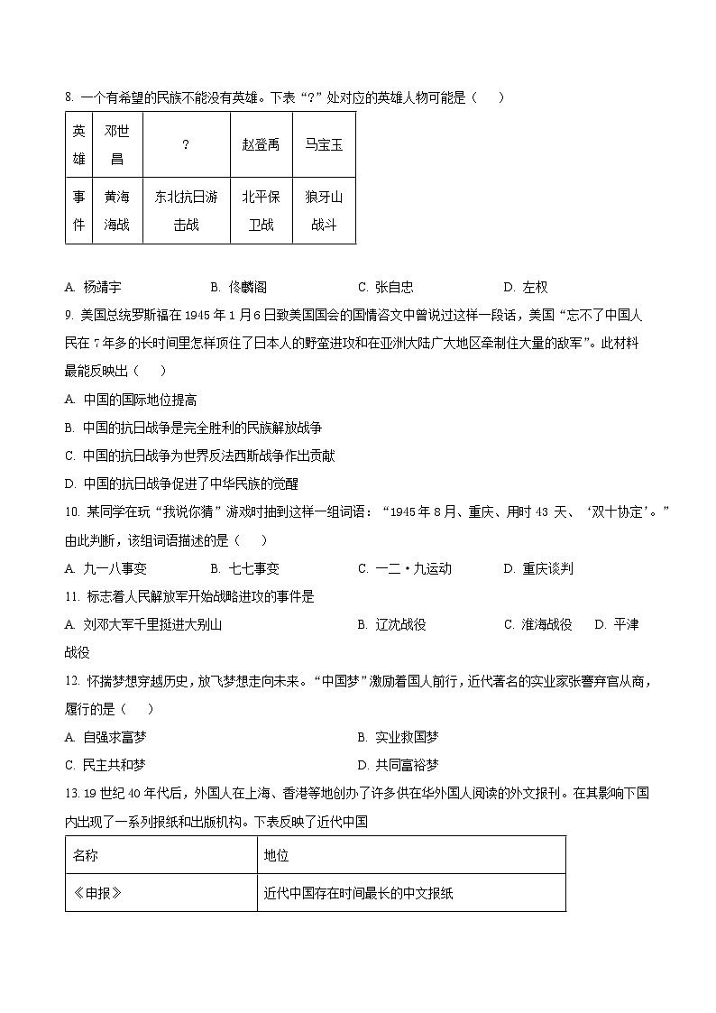辽宁省抚顺市新宾满族自治县2023-2024学年八年级上学期期末历史试题(原卷版+解析版)02