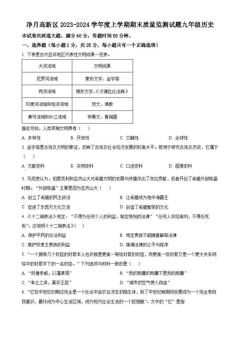 精品解析:吉林省长春市净月高新技术产业开发区2023-2024学年九年级上学期期末历史试题(原卷版)第1页