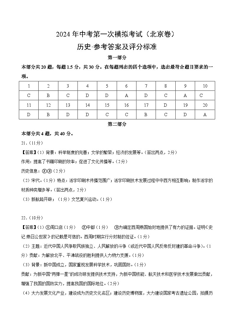 2024年初三中考第一次模拟考试试题:历史(北京卷)(参考答案及评分标准)第1页