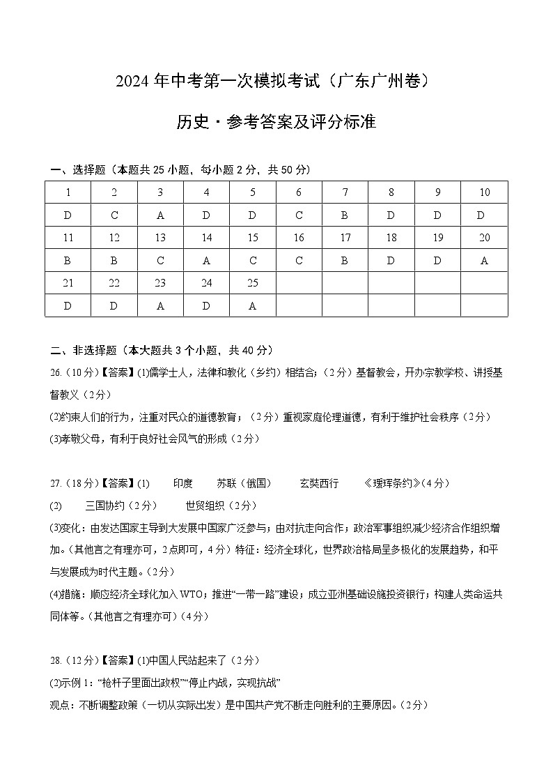 2024年初三中考第一次模拟考试试题:历史(广东广州卷)(参考答案及评分标准)第1页