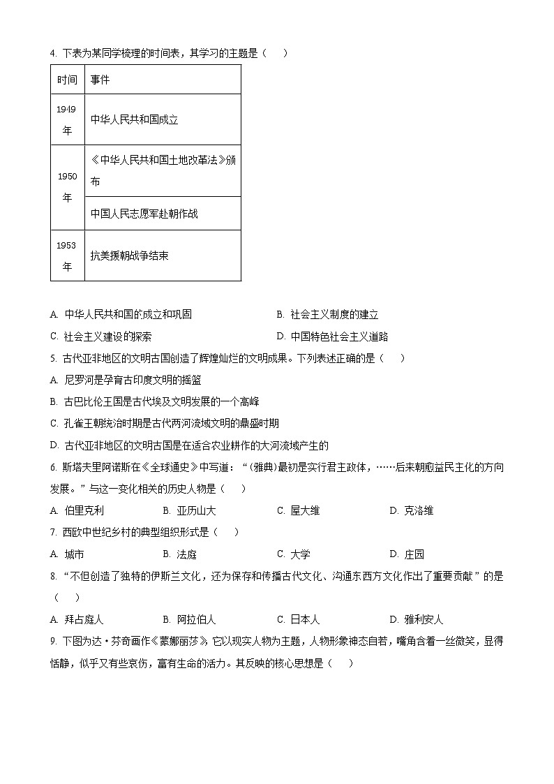 辽宁省沈阳市浑南区2023-2024学年九年级上学期期末历史试题(原卷版+解析版)02