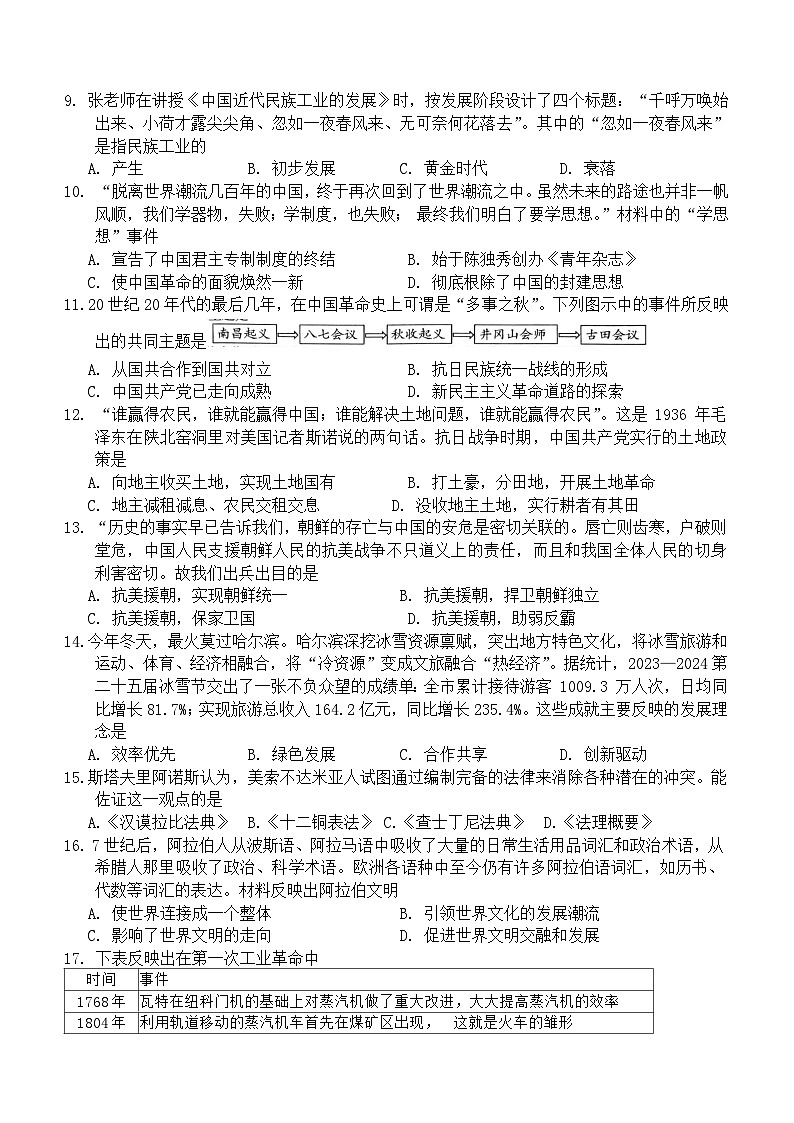 2024年河南省驻马店市驿城区中考一模历史试题(含答案)第2页