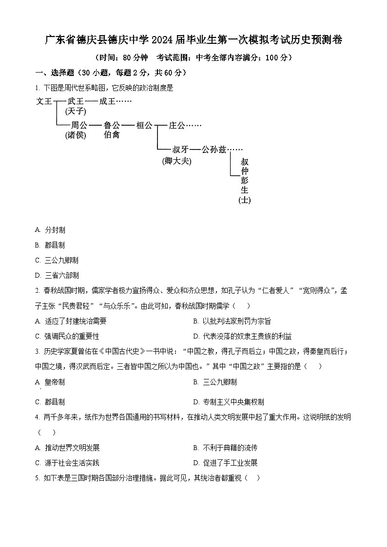 精品解析：2024年廣東省德慶縣德慶中學(xué)中考一模預(yù)測(cè)歷史試題（原卷版）第1頁(yè)