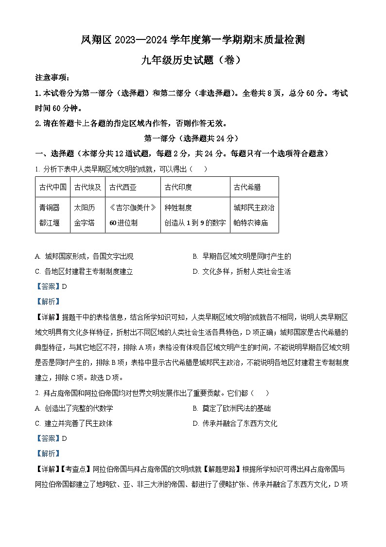 精品解析:陕西省宝鸡市凤翔区2023-2024学年九年级上学期期末历史试题(解析版)第1页