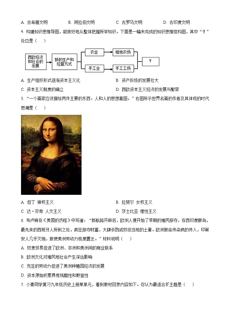 精品解析:陕西省渭南市大荔县2023-2024学年九年级上学期期末历史试题(原卷版)第2页