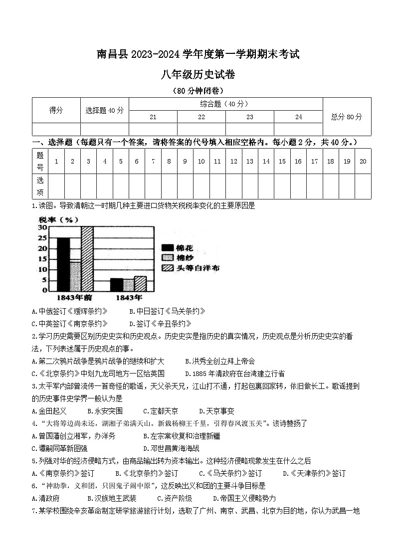 江西省南昌市南昌县2023-2024学年八年级上学期1月期末历史试题01