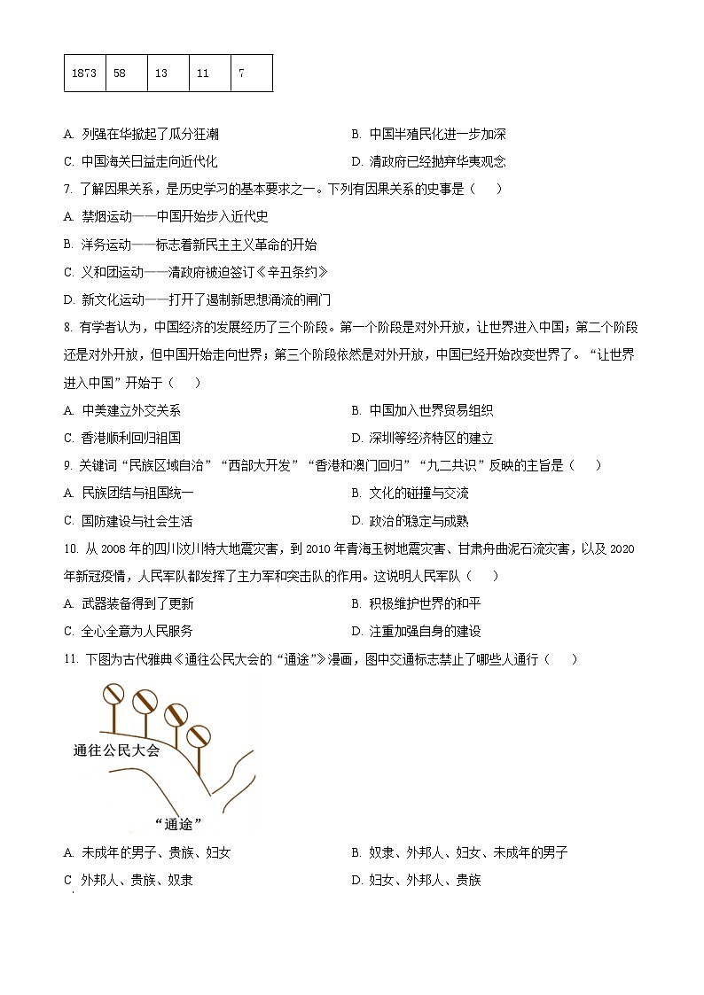 精品解析:2024年甘肃省陇南市西和县中考一模历史试题(原卷版)第2页