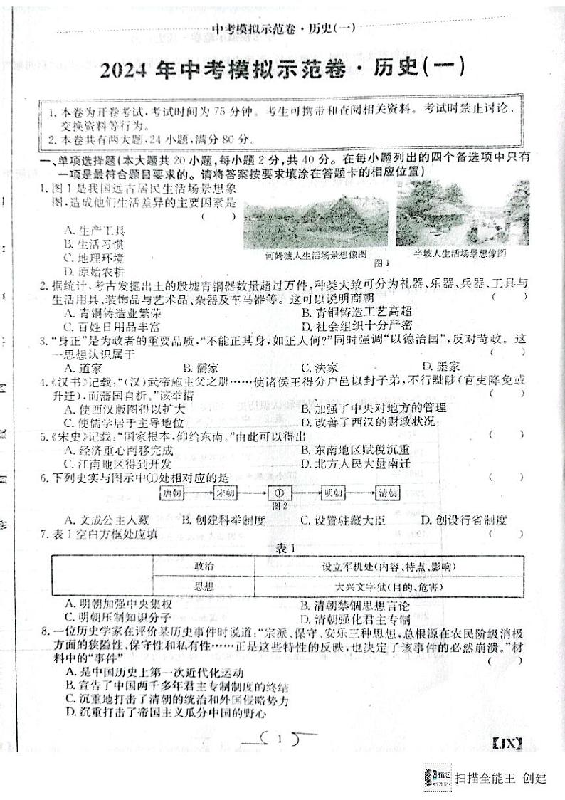 2024年江西省南昌市南昌县九年级中考一模历史试题01