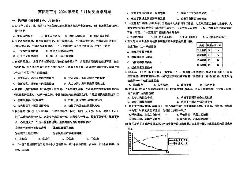 河南省南阳市第三中学2023-2024学年八年级下学期第一次月考历史试卷第1页